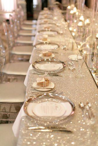 wedding trends 2019 long table with silver tablecloth and plates mango studios