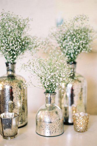 wedding trends 2019 gold and silver small vases with white baby breath especially amy