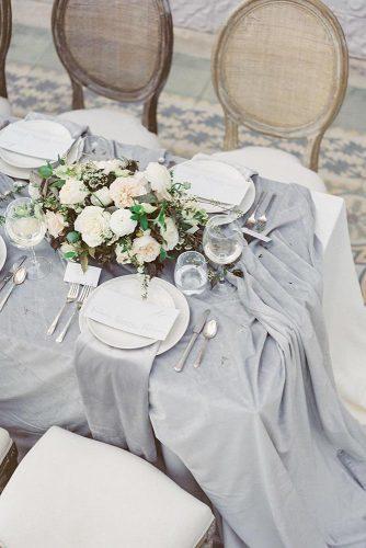 wedding trends 2019 bridal table grey tablecloth with white flower centerpiece laurenfair
