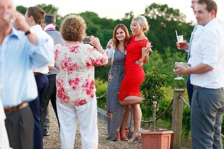 wedding guests pose for photos at bluebell vineyard