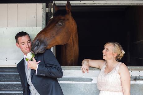 a horse tries to eat a wedding guests buttonhole