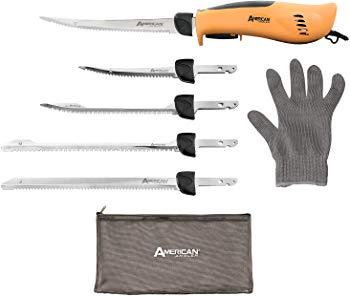 American Angler PRO Professional Grade Electric Fillet Knife Sportsmen's Kit – 110 Volt High Performance Ergonomic Motorized Handset with Five Kinds of Stainless Steel Blades, 32352DS