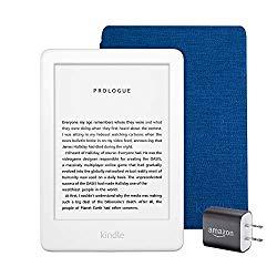 Image: Kindle Essentials Bundle including All-new Kindle, now with a built-in front light, White - with Special Offers, Kindle Fabric Cover – Cobalt Blue, and Power Adapter