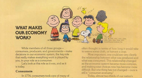 Part of a page from the 1970s booklet that used Charles Schultz’s ‘Peanuts’ comic strips to explain the benefits of America’s economic system. 