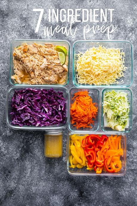 overhead shot of 7 meal prep containers with prepped food for the 7 Ingredient Meal Prep Plan