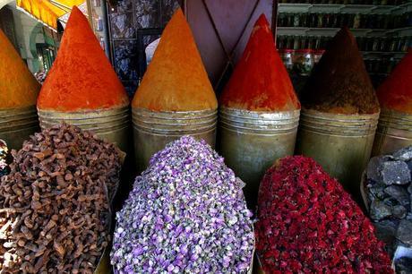 Conical piles of spices at the Herborist al Bahia.