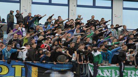 Hardcore football fans at the Metalist stadium in Kharkiv in Ukraine