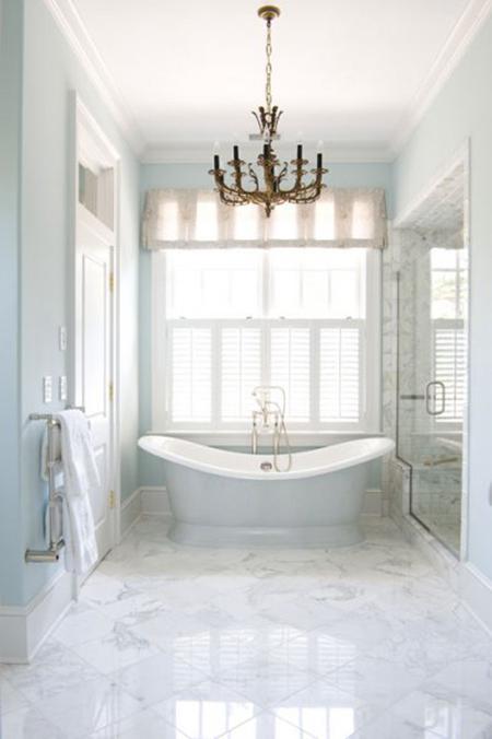 Regina Garcia bathroom carerra marble chandelier