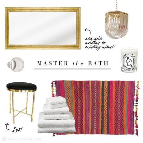 small shop: master the bath, lucite gold colorful rug brass
