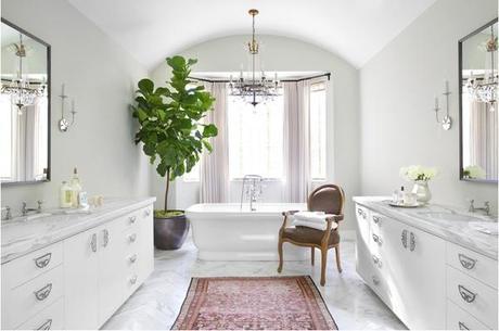 Betsy Burnham bathroom carrera marble persian rug fiddle leaf