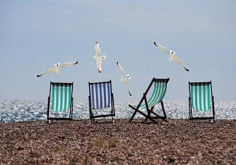 4 sunbeds on a beach with seagulls flying over them, while the sun is shining.