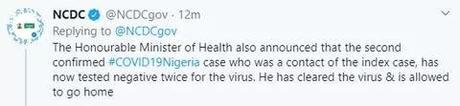 BREAKING: Second Case Of Coronavirus In Nigeria Has Now Tested Negative – Health Minister