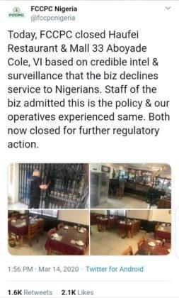 FG Shuts Down Chinese Restaurant That Declined Services To Nigerians