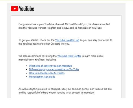 confirmation email from YouTube