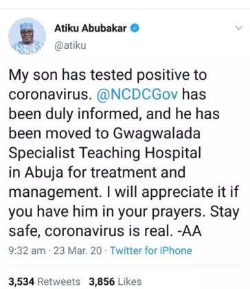 Just In: Atiku’s Son Tests Positive For Coronavirus Just In: Atiku’s Son Tests Positive For Coronavirus