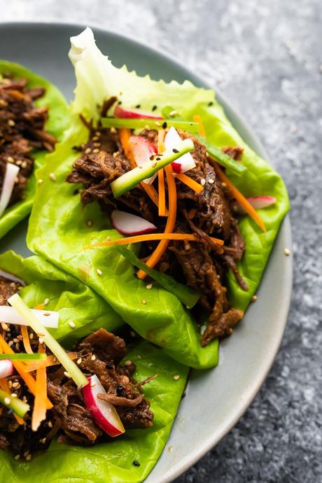 Overhead view of Korean Beef Lettuce Wraps on plate