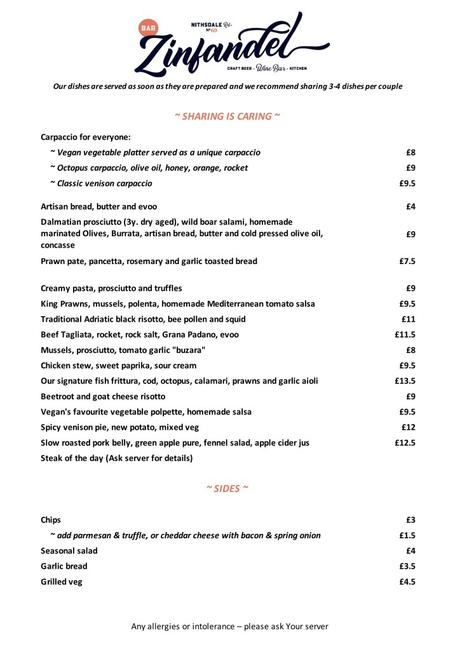 Bar Zinfandel strathbungo GLasgow food menu 