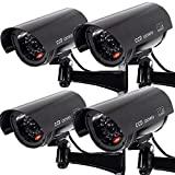 Outdoor Fake Security Camera, Dummy CCTV Surveillance System with Realistic Red Flashing Lights and Warning Sticker (4, Black)