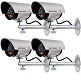 WALI Bullet Dummy Fake Surveillance Security CCTV Dome Camera Indoor Outdoor with one LED Light Warning Security Alert Sticker Decals (TC-S4), 4 Packs, Silver
