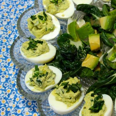 deviled eggs on blue