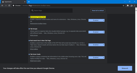 How to Enable or Disable New Extension Toolbar in Google Chrome enable extensions toolbar menu flag in chrome