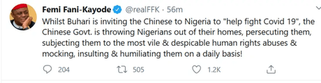 While Buhari is inviting Chinese to Nigeria, Chinese govt is throwing Nigerians out of their homes – FFK