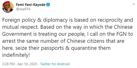 Maltreatment: If it was Abacha, many Chinese nationals would have been deported by now- FFK