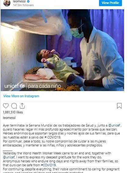 ‘Anonymous heroes who endure long days and nights’- Lionel Messi honours health workers fighting Coronavirus pandemic