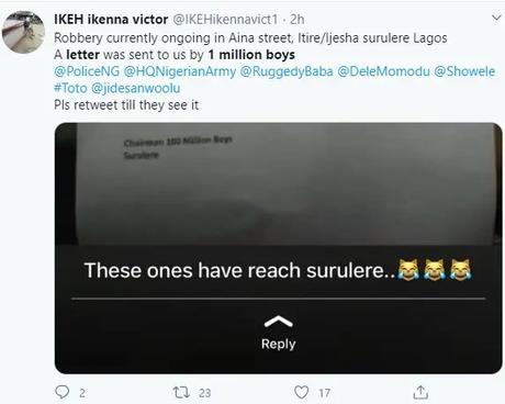 Fear grips Surulere residents as robbery gang “1 Million boys” sends letter to inform them that they are coming to their neighbourhood Fear grips Surulere residents as robbery gang “1 Million boys” sends letter to inform them that they are coming to their neighbourhood