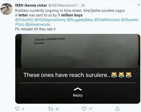 Fear grips Surulere residents as robbery gang “1 Million boys” sends letter to inform them that they are coming to their neighbourhood