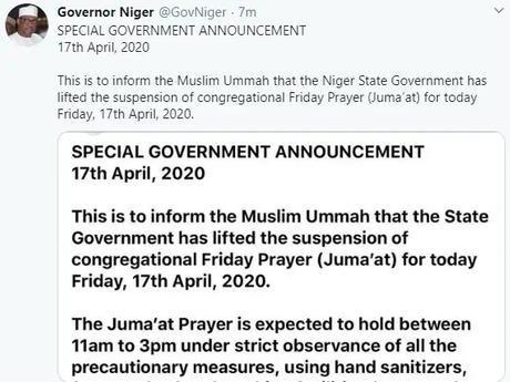 Niger state government lifts ban on Juma’at prayers despite having two confirmed cases of COVID-19