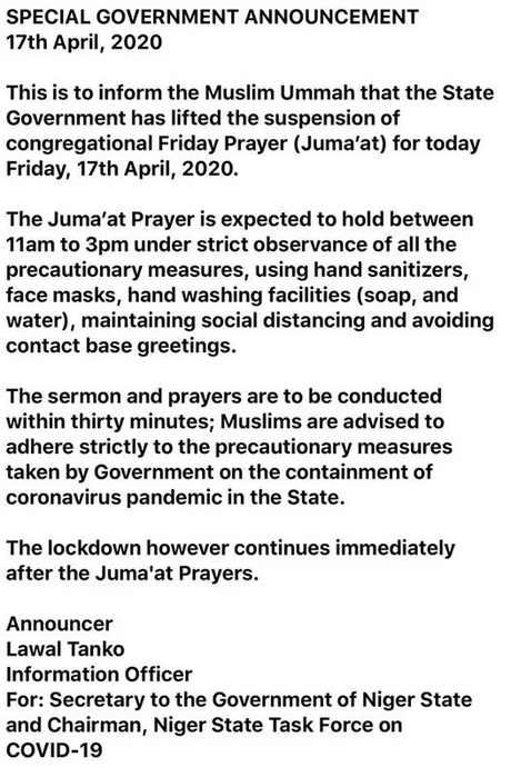 Niger state government lifts ban on Juma’at prayers despite having two confirmed cases of COVID-19