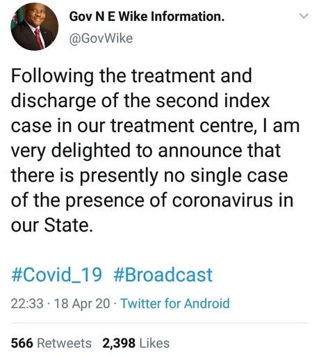 There is presently no single case of the presence of coronavirus in Rivers State – Gov Wike