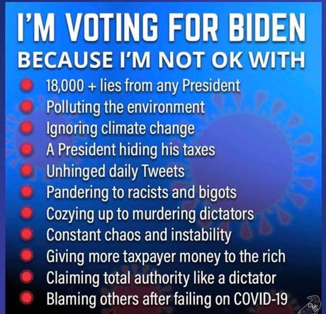 Image may contain: possible text that says 'I'M VOTING FOR BIDEN BECAUSE I'M NOT OK WITH 18,000 + lies from any President Polluting the environment Ignoring climate change A President hiding his taxes Unhinged daily Tweets Pandering to racists and bigots Cozying up to murdering dictators Constant chaos and instability Giving more taxpayer money to the rich Claiming total authority like a dictator Blaming others after failing on COVID-19'