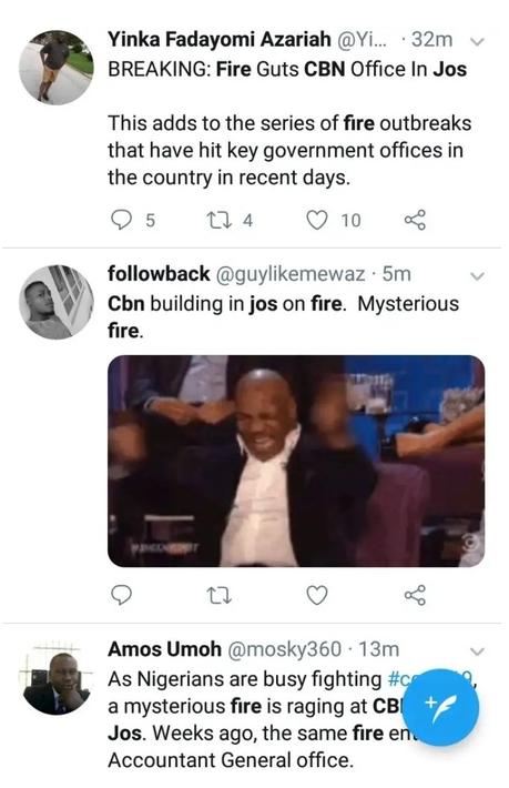 Fire guts CBN office in Jos; Twitter users react