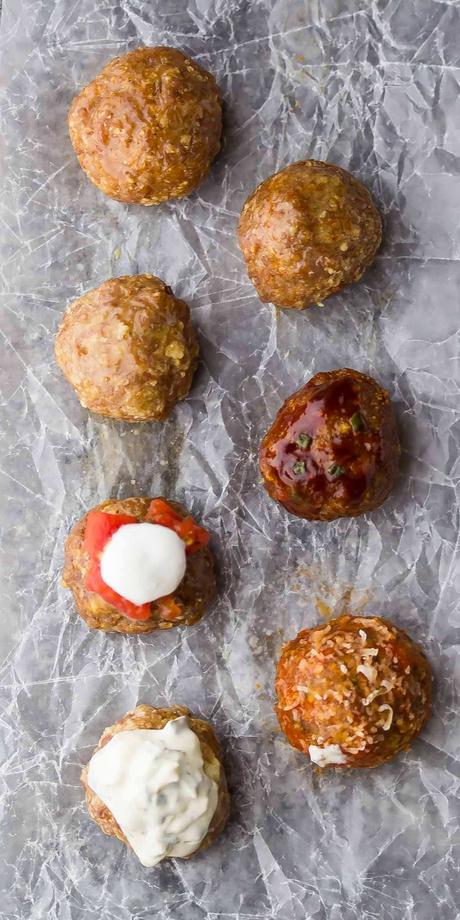 overhead shot of 7 turkey meatball flavors