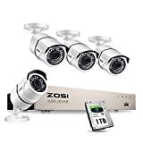ZOSI PoE Home Security Camera System,H.265+ 8Channel 5MP CCTV NVR Recorder with 1TB Hard Drive and (4) 2MP 1080P Indoor Outdoor Weatherproof PoE IP Cameras with 120ft Night Vision for 24/7 Recording