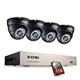 ZOSI Home Security Camera System 8Channel Full 1080P HD TVI Surveillance Wired DVR and 4X 1080P HD Weatherproof Outdoor Indoor Night Vision CCTV Dome Cameras 1TB Hard Drive Included