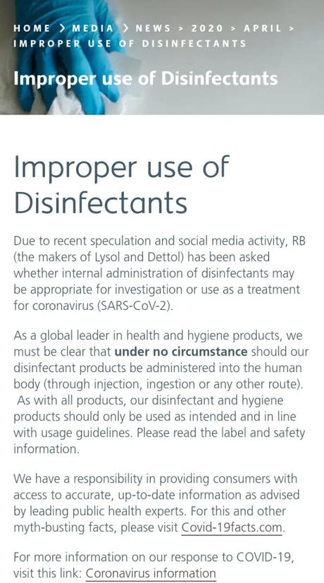 Makers of Lysol and Dettol disinfectants warns against internal use of disinfectants after Donald Trump’s statement