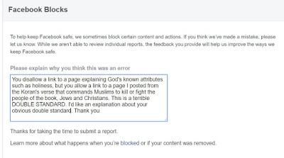 Facebook double standard: FB blocks link to Christian page but allows posting a Islamic page urging Muslims to fight Jews & Christians