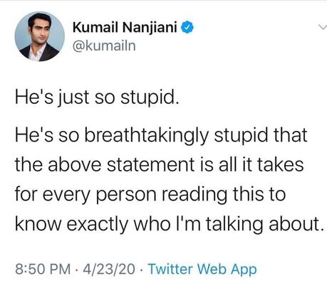 Image may contain: 1 person, possible text that says 'Kumail Nanjiani @kumailn He's just so stupid. He's so breathtakingly stupid that the above statement is all it takes for every person reading this to know exactly who I'm talking about. 8:50 PM 4/23/20 Twitter Web App'