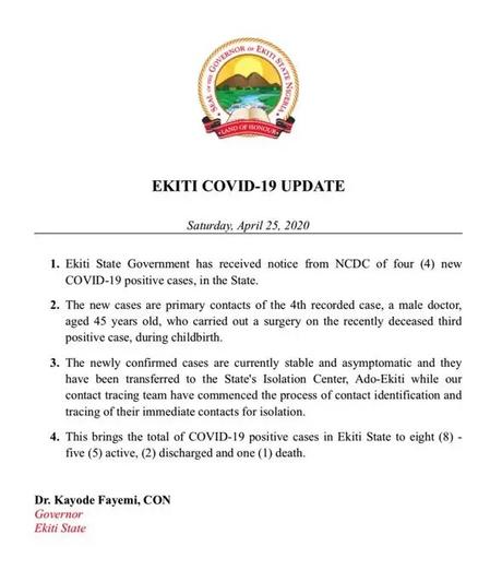 New four cases of Coronavirus confirmed in Ekiti state New four cases of Coronavirus confirmed in Ekiti state