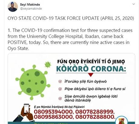 Three new cases of Coronavirus recorded in Oyo State