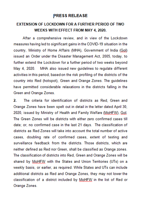 Coronavirus Breaking – Lockdown extended for two weeks, All activities to resume in green zones