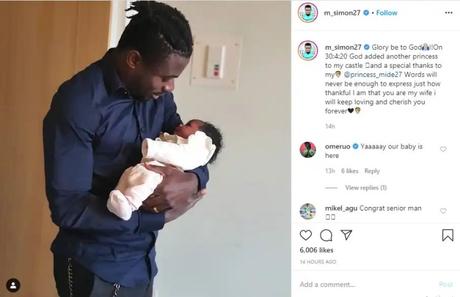 Super Eagles player, Moses Simon and wife, Ibukunoluwa, welcome a baby girl