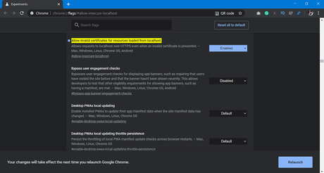 Enable “Allow invalid certificates for resources loaded from localhost” flag in Chrome v81 Enable “Allow invalid certificates for resources loaded from localhost” flag in Chrome v81
