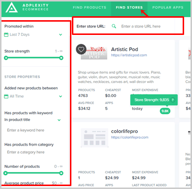 Adplexity Review: Is it Best Ad Spying Tool? Adplexcity Ecommerce top bar and search filters