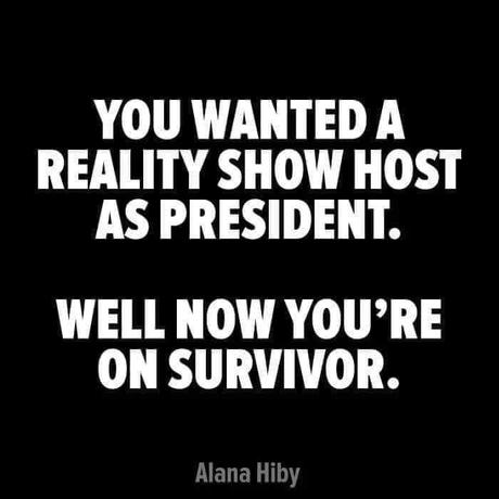 Image may contain: possible text that says 'YOU WANTED A REALITY SHOW HOST AS PRESIDENT. WELL NOW YOU'RE ON SURVIVOR. Alana Hiby'