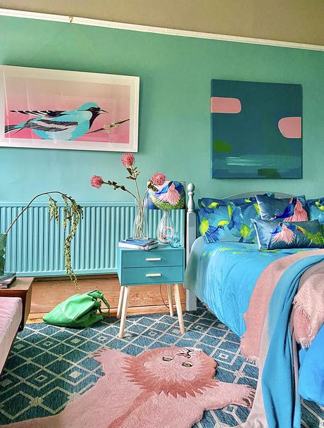 Colourful bedroom decor - blue, pink and green color scheme inspiration