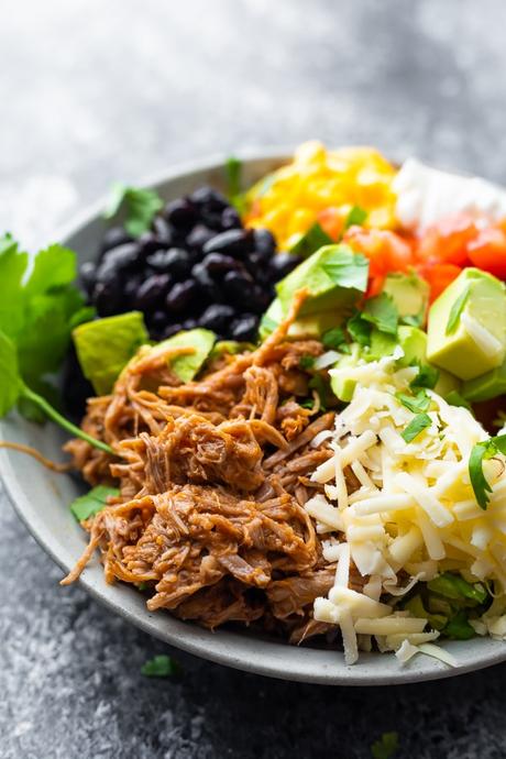 side angle view of the pulled pork burrito bowl